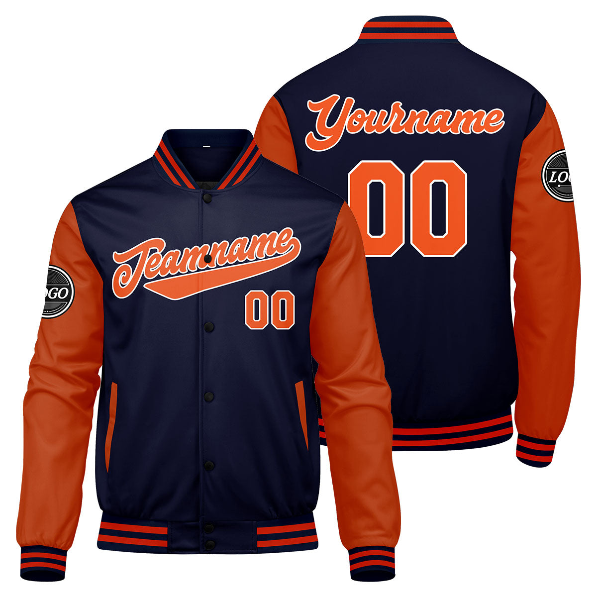 Custom Varsity Jacket Letterman Jacket For Men, Women And Youth Navy Orange