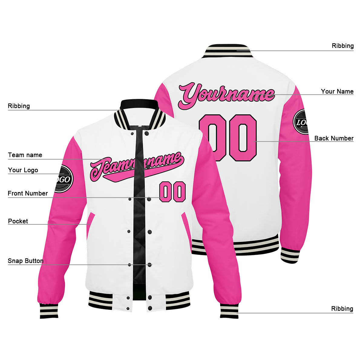 Custom Varsity Jacket Letterman Jacket For Men, Women And Youth Pink