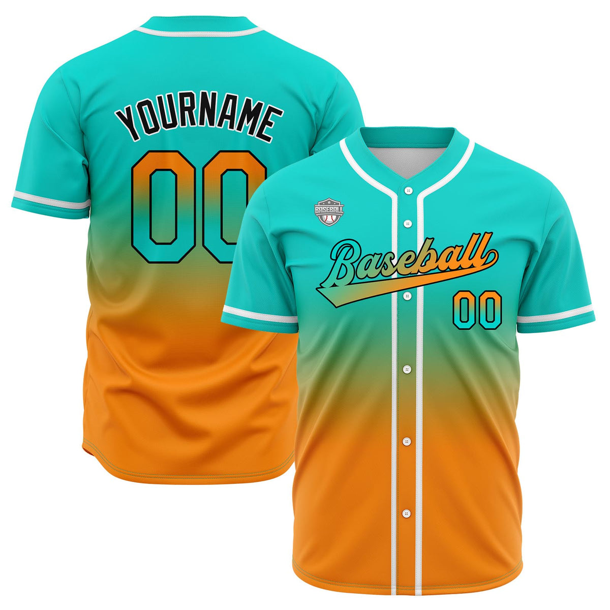 Custom Gradient Print Hip Hop Button Down Baseball Jersey Teal&Orange