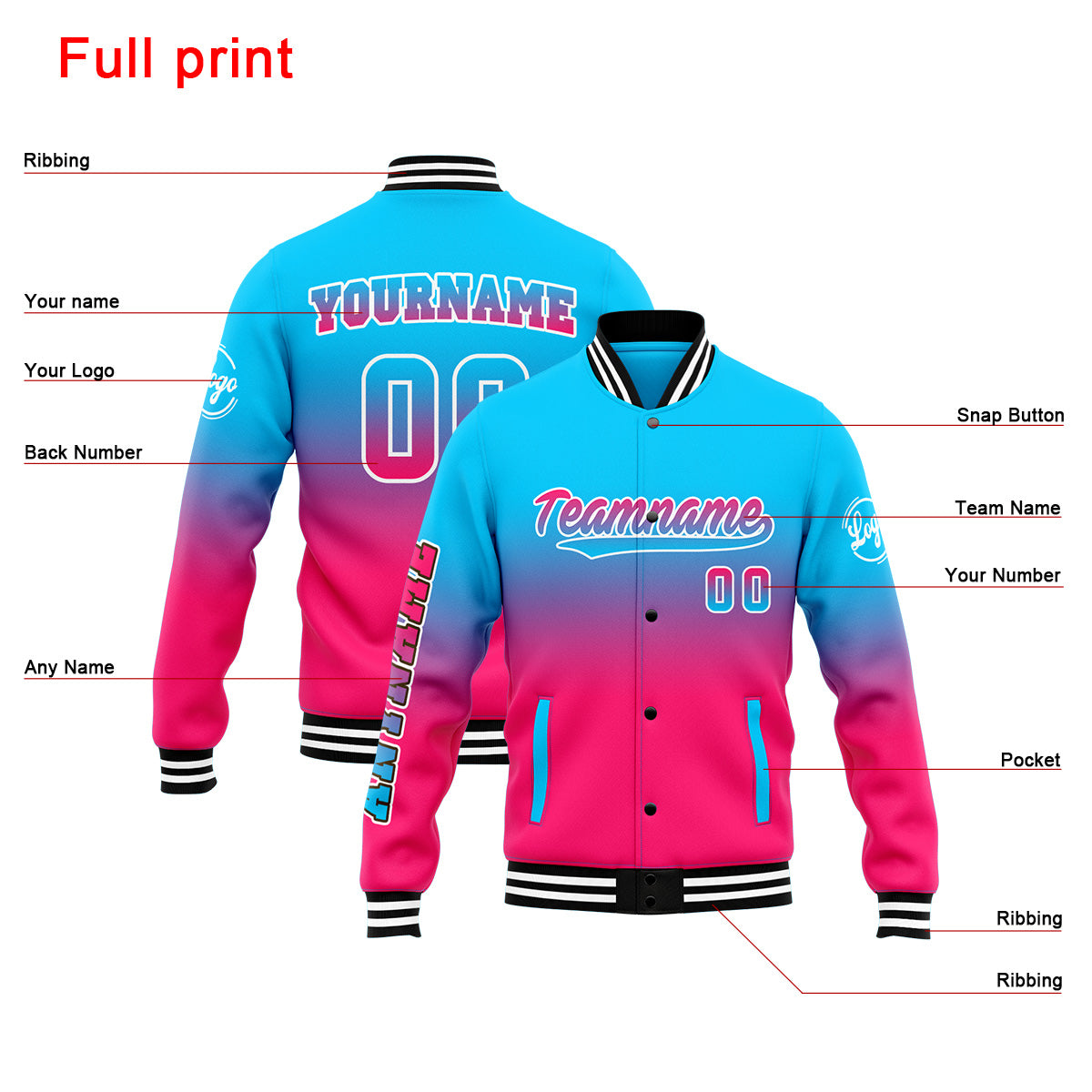 Custom Varsity Jacket Letterman Jacket For Men, Women And Youth Light Blue&Pink