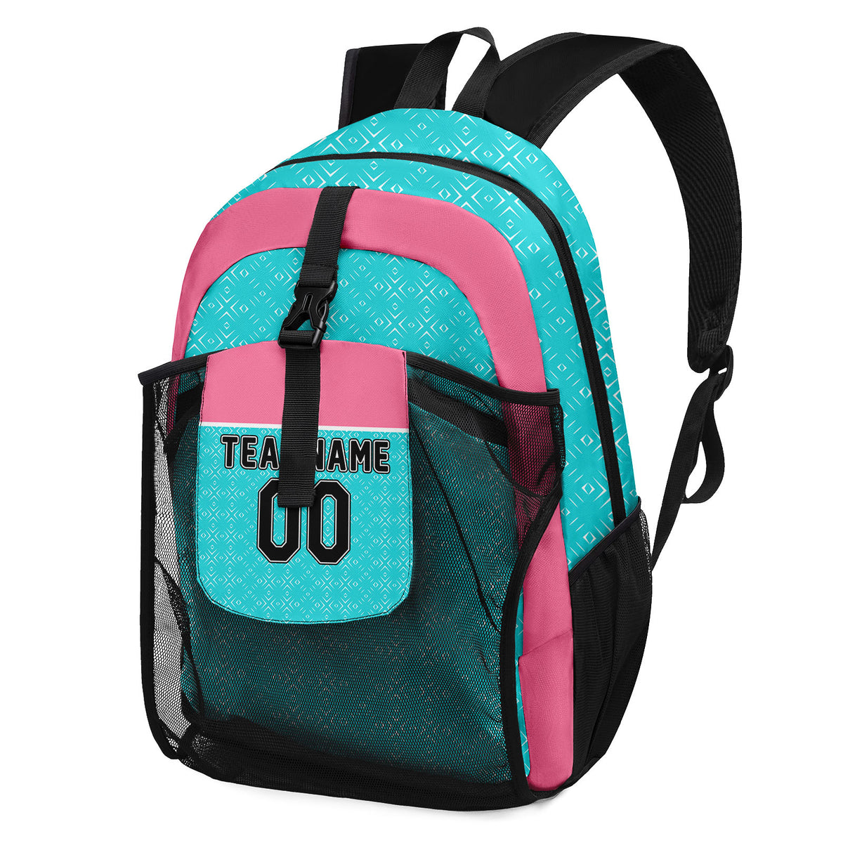 Customize Pink Black Teal Backpacks Featuring Personalized Names, Numbers and Logos