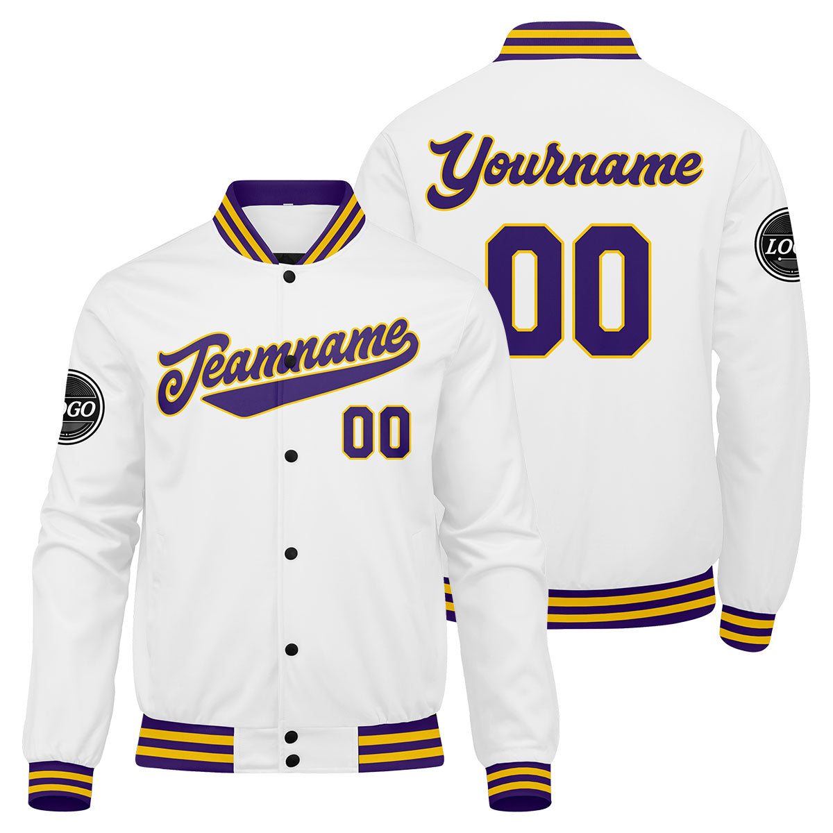 Custom Varsity Jacket Letterman Jacket For Men, Women And Youth Purple White Yellow