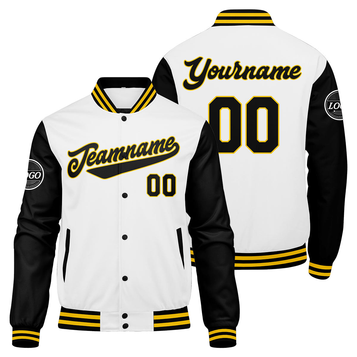 Custom Varsity Jacket Letterman Jacket For Men, Women And Youth Black White Yellow