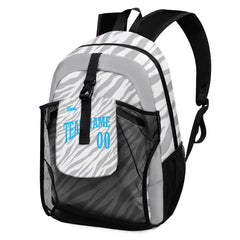 Customize Gray Light Blue Sports Backpacks Featuring Personalized Names, Numbers and Logos