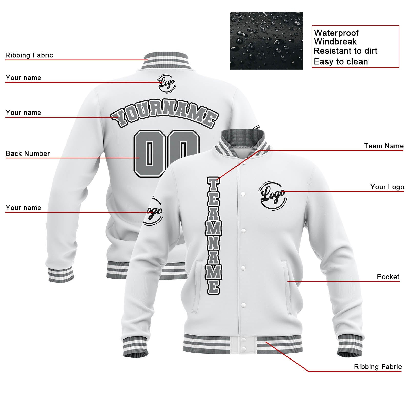 Custom White Grey Waterproof Varsity Jackets Personalized Stitched Name Number Logo to Letterman Jackets