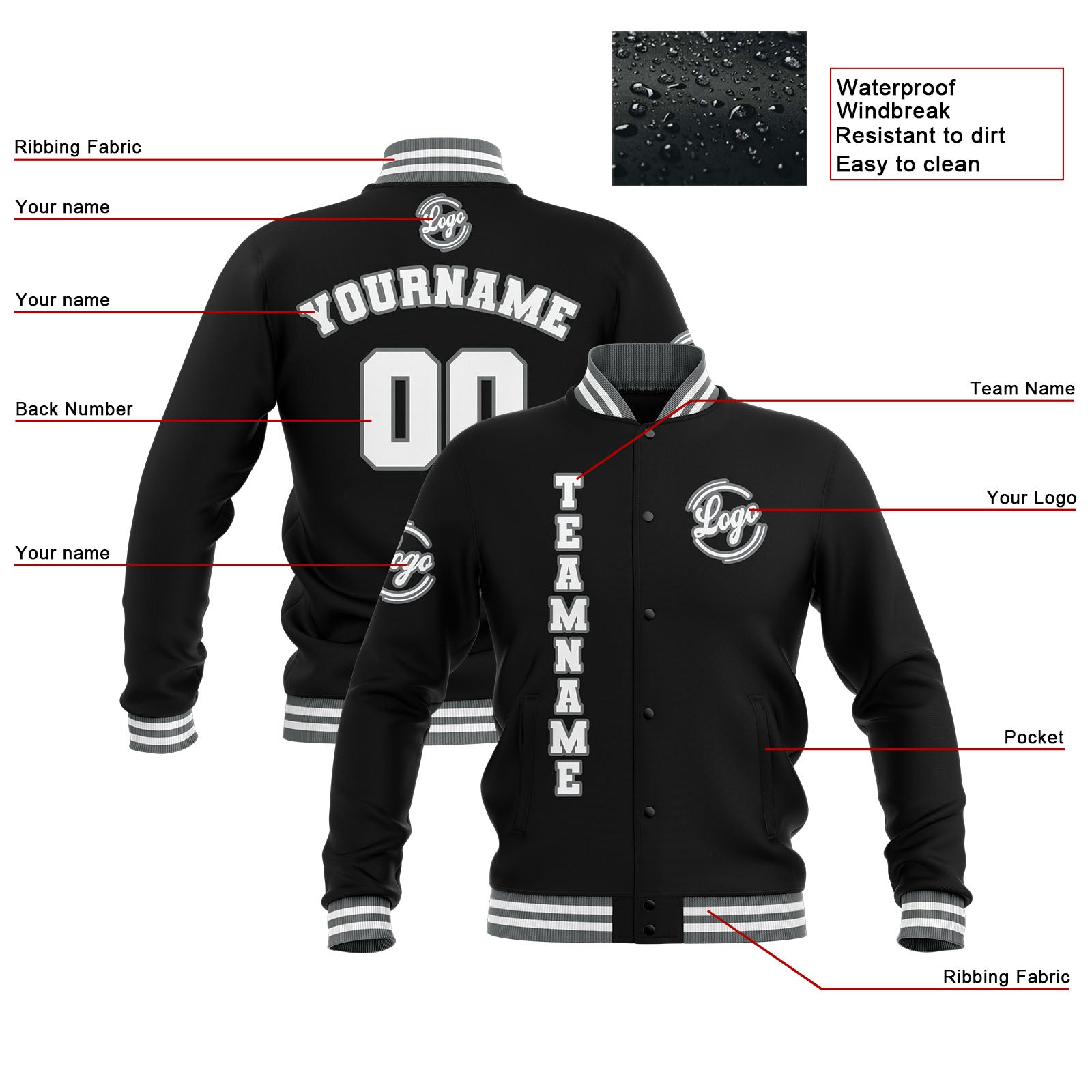 Custom Black Grey White  Waterproof Varsity Jackets Personalized Stitched Name Number Logo to Letterman Jackets