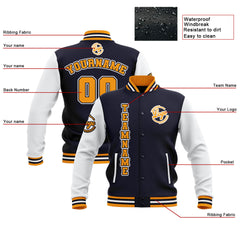 Custom Navy White Yellow Waterproof Varsity Jackets Personalized Stitched Name Number Logo to Letterman Jackets