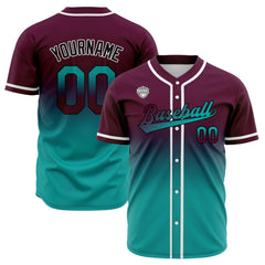 Custom Gradient Print Hip Hop Button Down Baseball Jersey Burgundy&Teal