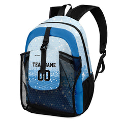 Customize Light Blue Black Sports Backpacks Featuring Personalized Names, Numbers and Logos