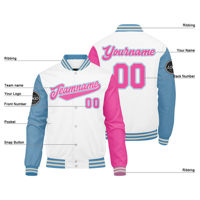 Custom Varsity Jacket Letterman Jacket For Men, Women And Youth White Light Blue Pink