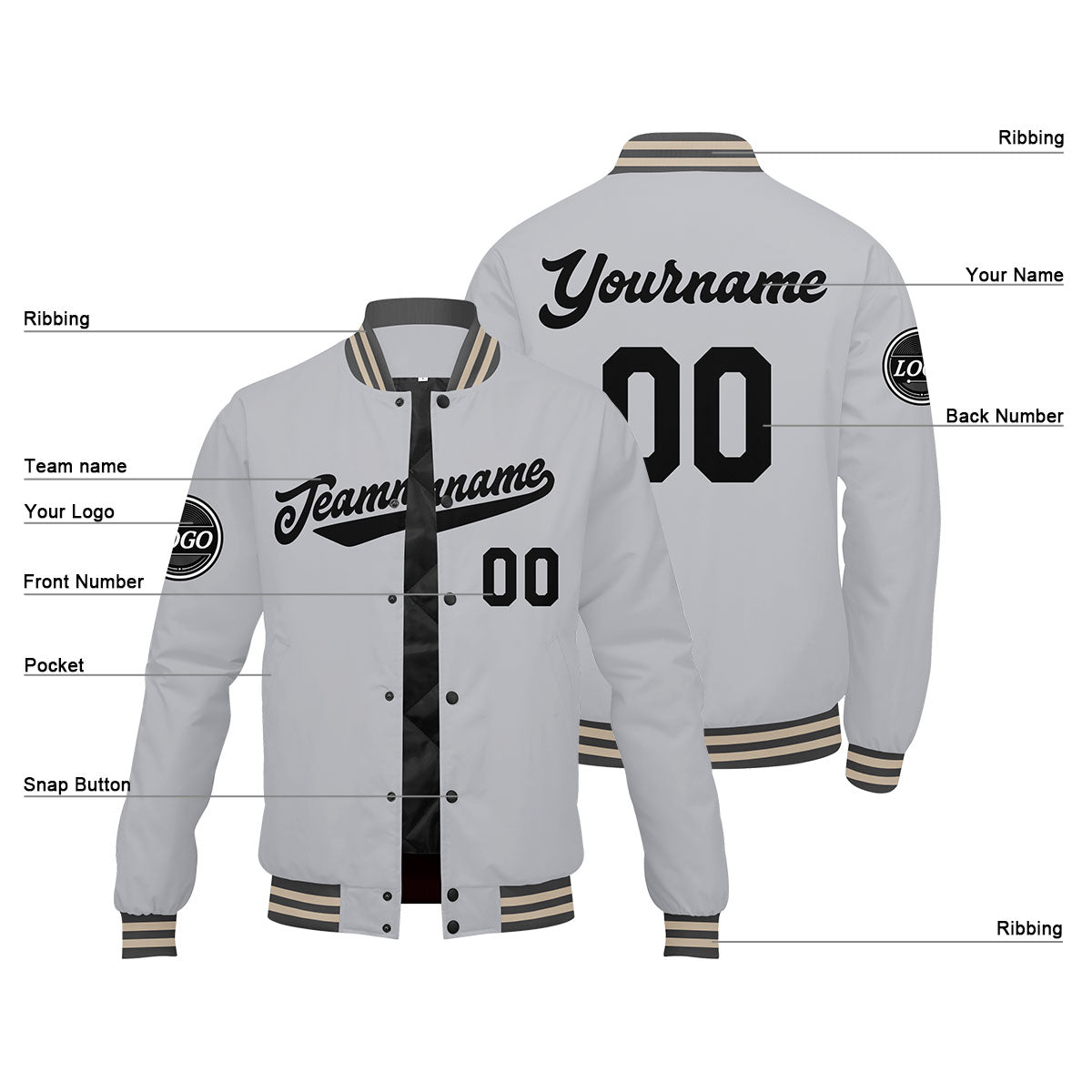 Custom Varsity Jacket Letterman Jacket For Men, Women And Youth Grey Black