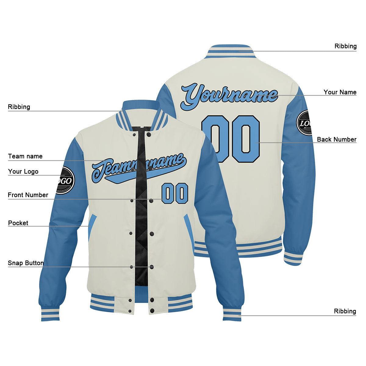 Custom Varsity Jacket Letterman Jacket For Men, Women And Youth Light Blue Cream