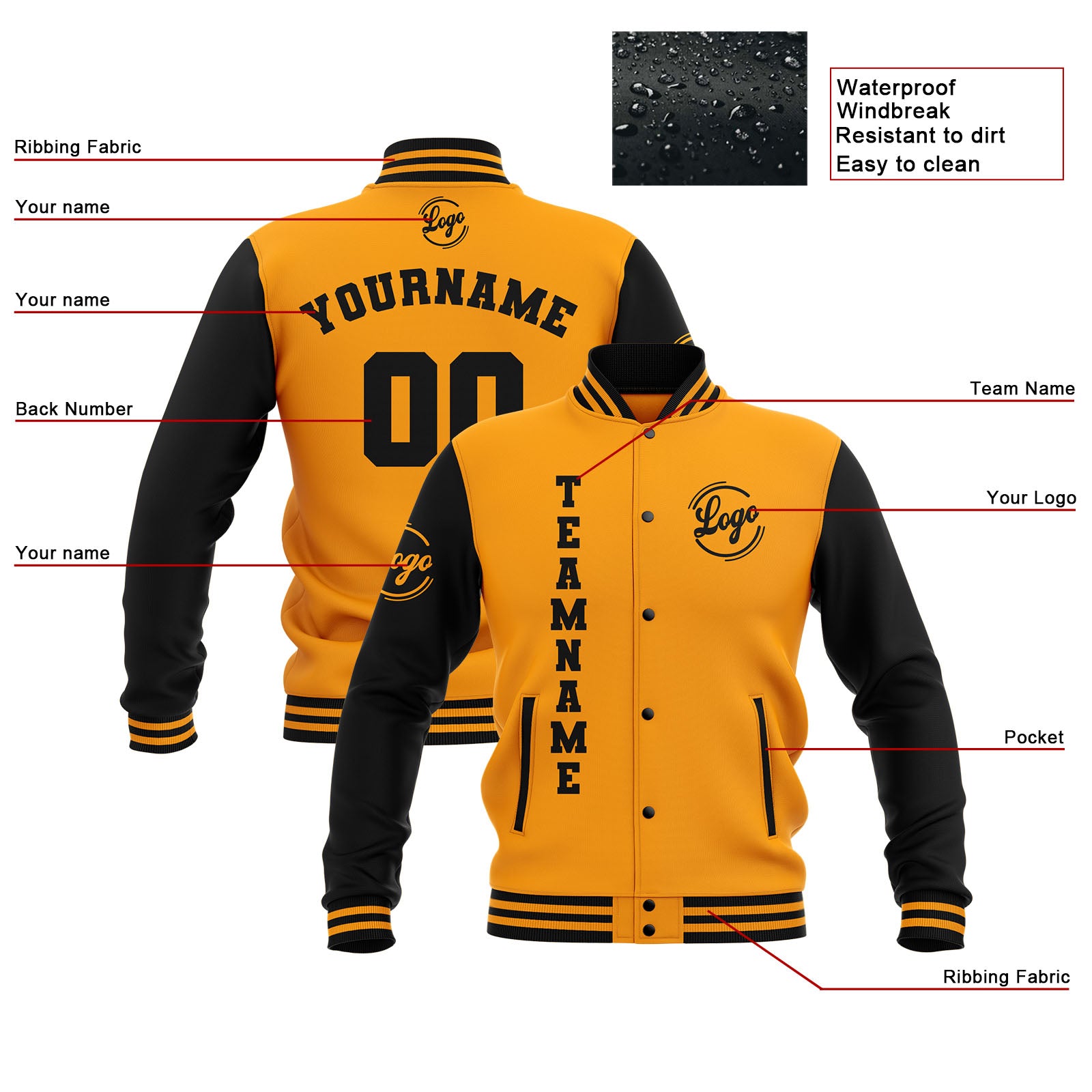 Custom Black Yellow Waterproof Varsity Jackets Personalized Stitched Name Number Logo to Letterman Jackets