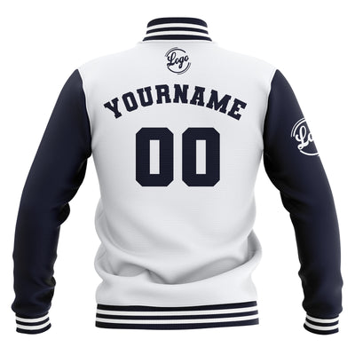 Custom White Navy Waterproof Varsity Jackets Personalized Stitched Name Number Logo to Letterman Jackets
