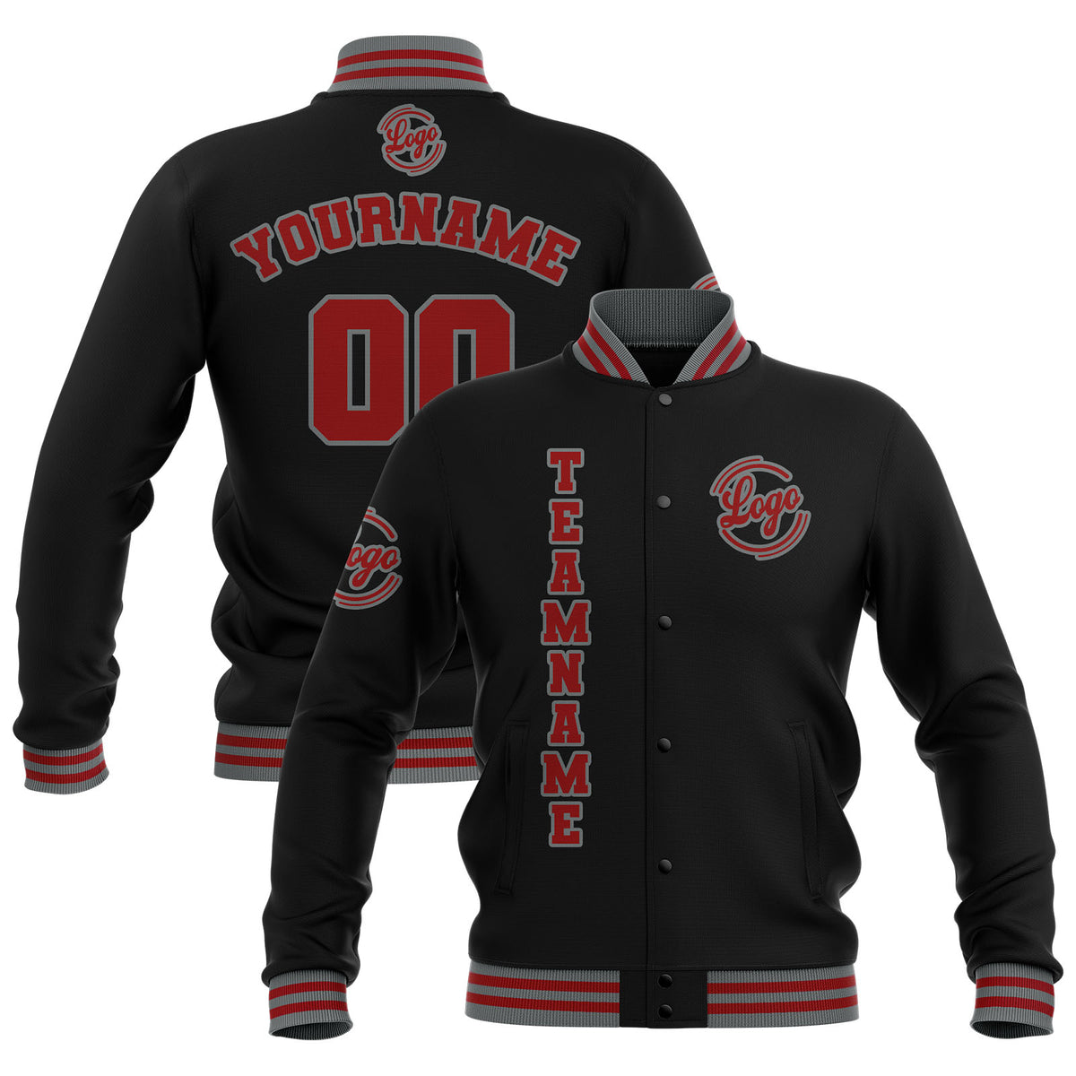 Custom Black Red Grey  Waterproof Varsity Jackets Personalized Stitched Name Number Logo to Letterman Jackets