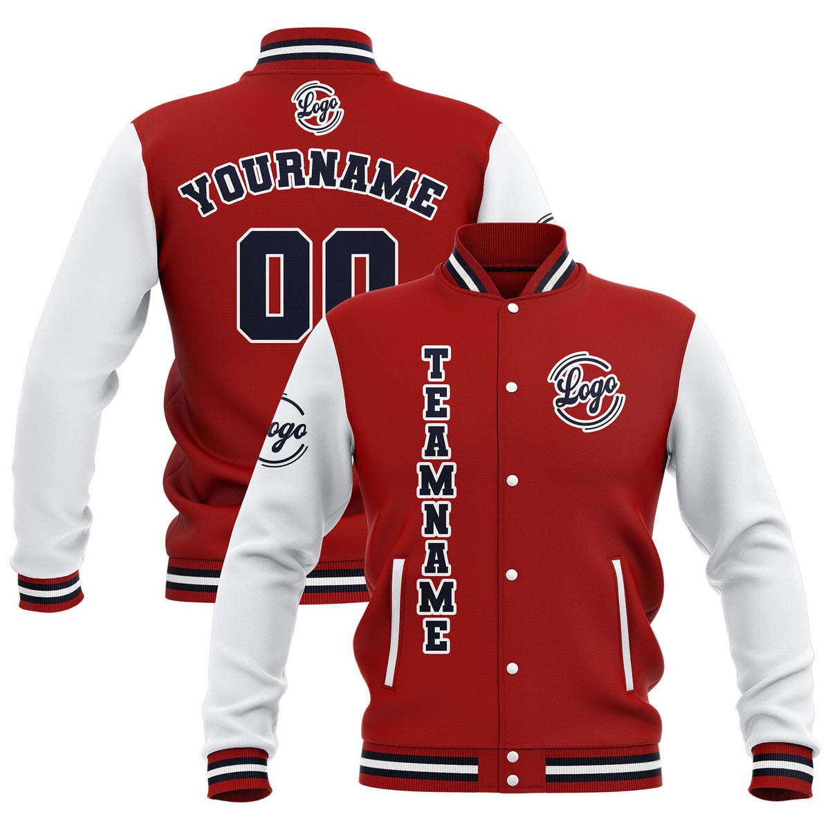 Custom Red White Navy Waterproof Varsity Jackets Personalized Stitched Name Number Logo to Letterman Jackets