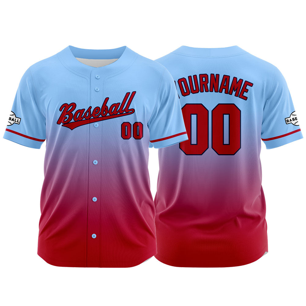 Custom Gradient Print Hip Hop Button Down Baseball Jersey Light Blue-Red