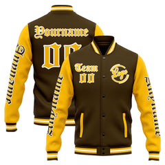 Custom Varsity Jacket Letterman Jacket For Men, Women And Youth Brown Yellow