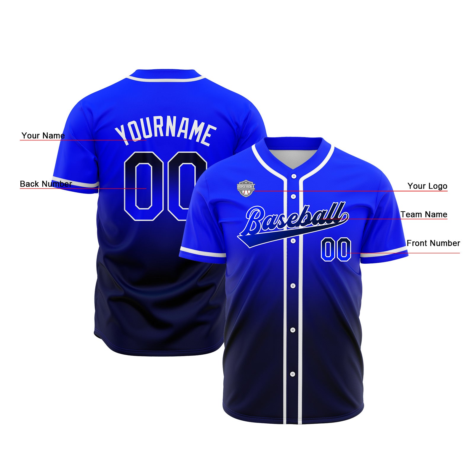 Custom Gradient Print Hip Hop Button Down Baseball Jersey Royal&Navy