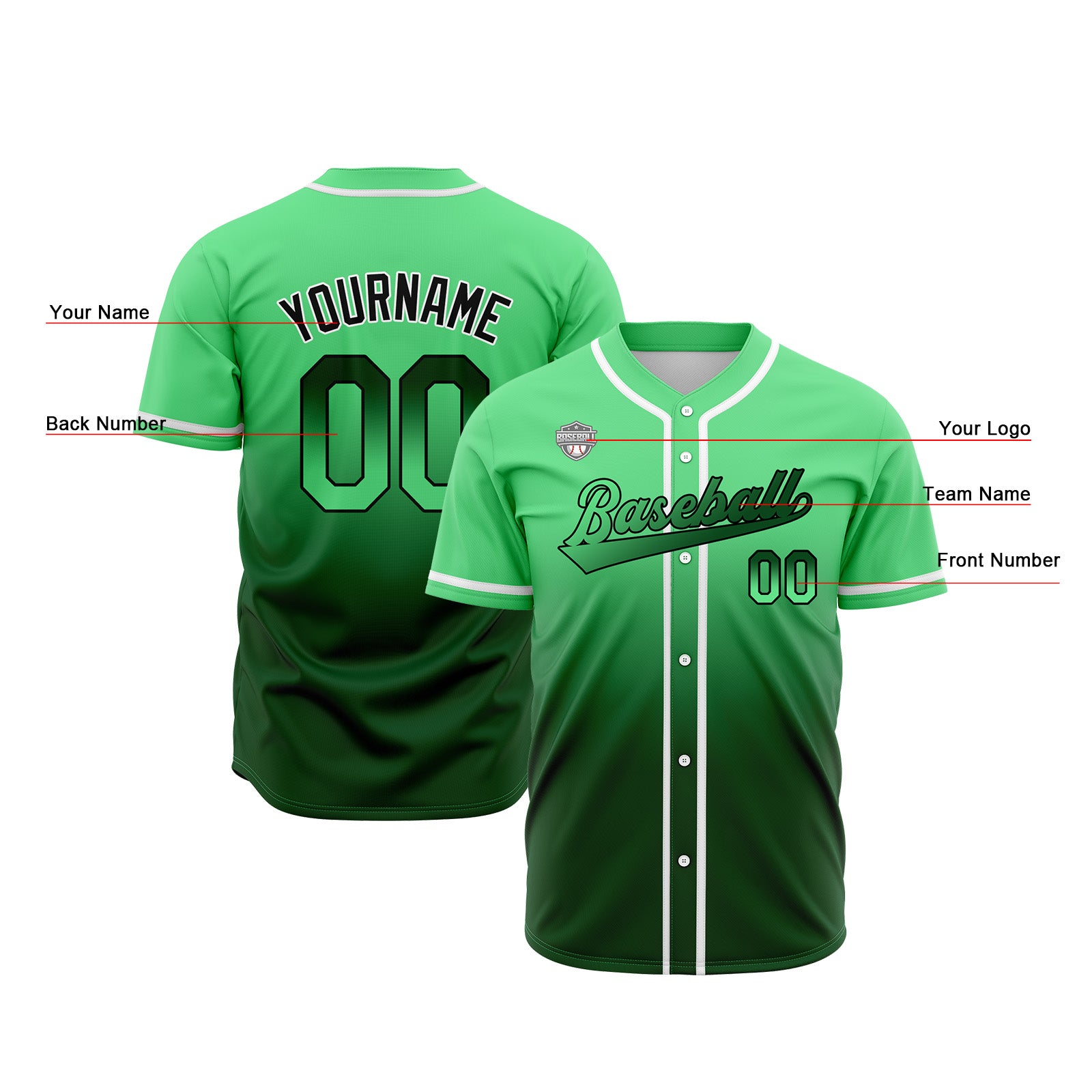 Custom Gradient Print Hip Hop Button Down Baseball Jersey Green