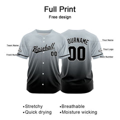 Custom Gradient Print Hip Hop Button Down Baseball Jersey Gray-Black