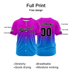 Custom Gradient Print Hip Hop Button Down Baseball Jersey Pink Purple&Blue