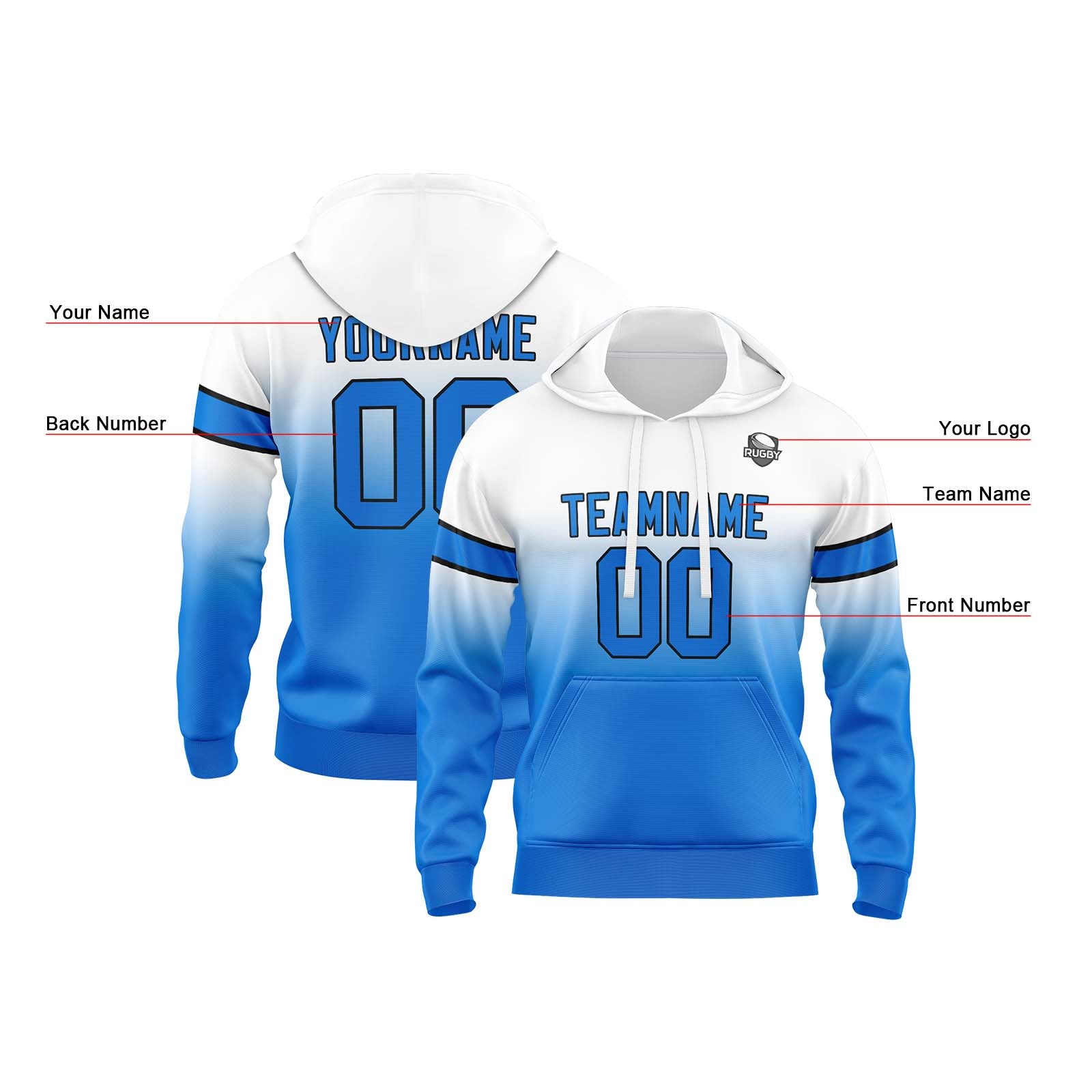 Custom Gradient Hoodie For Man Woman Girl Boy Print Your Logo Name Number White Blue