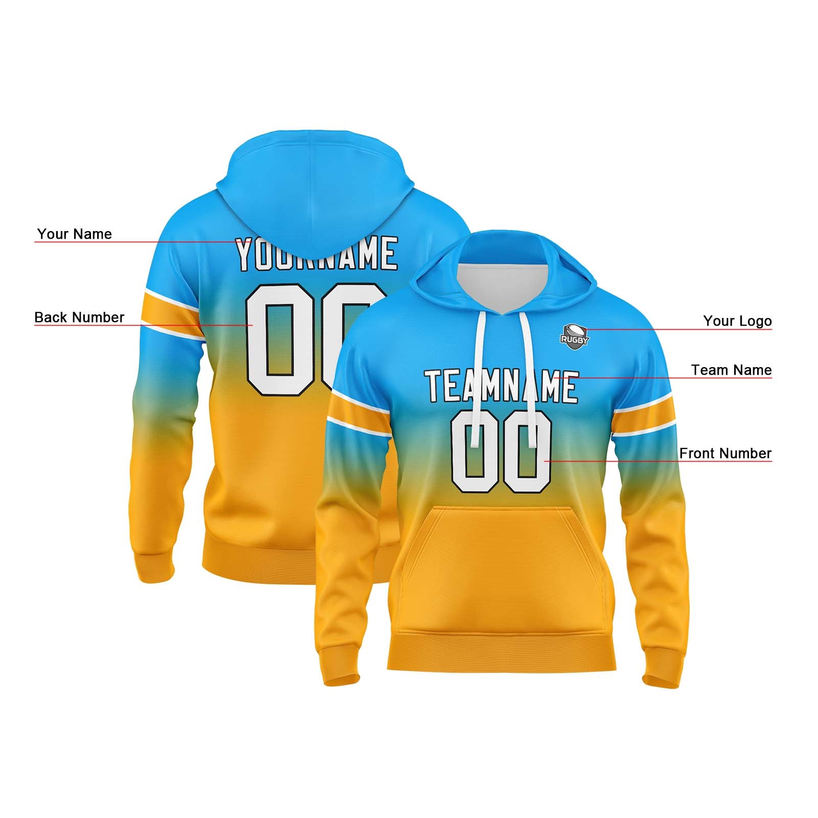 Custom Gradient Hoodie For Man Woman Girl Boy Print Your Logo Name Number Light Blue Orange