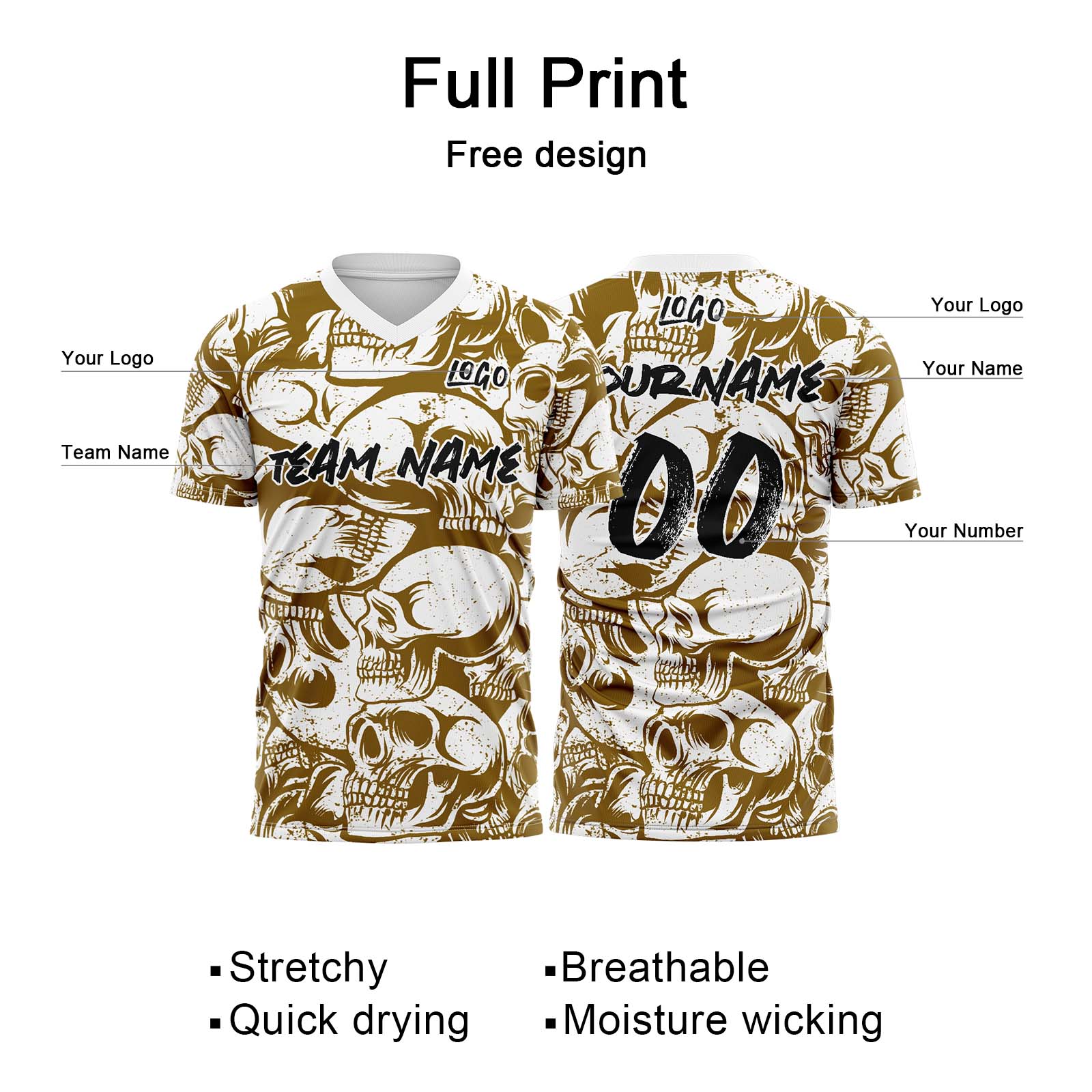 Custom Retro Skull-Brown&White T-Shirts for Sports Fans, Personalized Name and Number