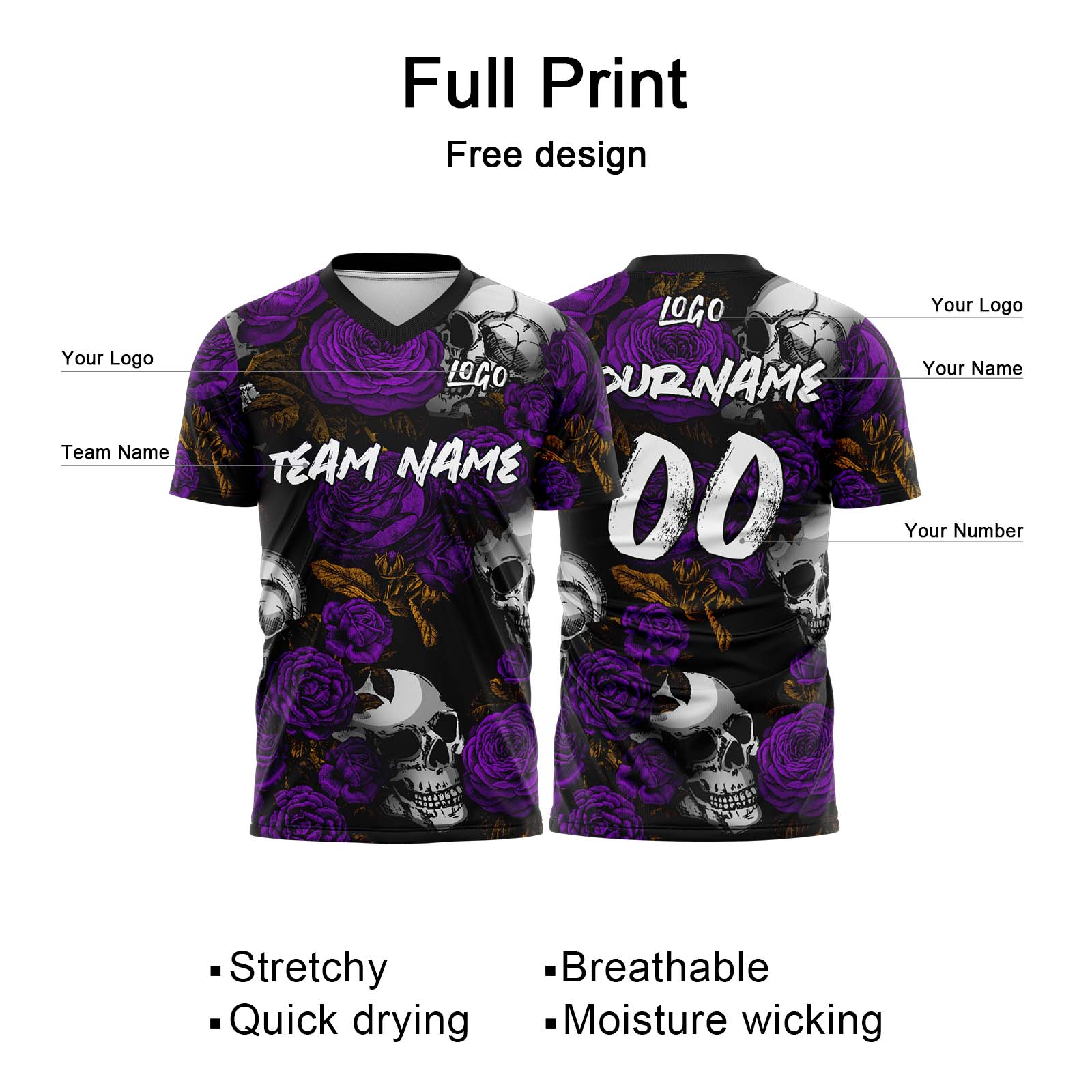 Custom Rose Skull-Purple T-Shirts for Sports Fans, Personalized Name and Number