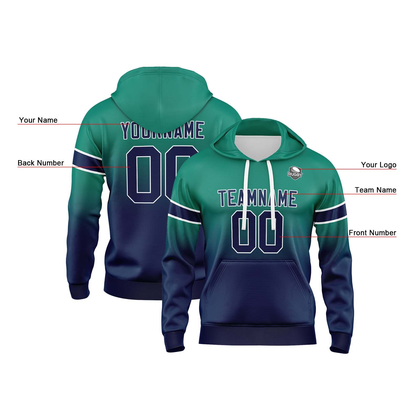Custom Gradient Hoodie For Man Woman Girl Boy Print Your Logo Name Number Green Navy
