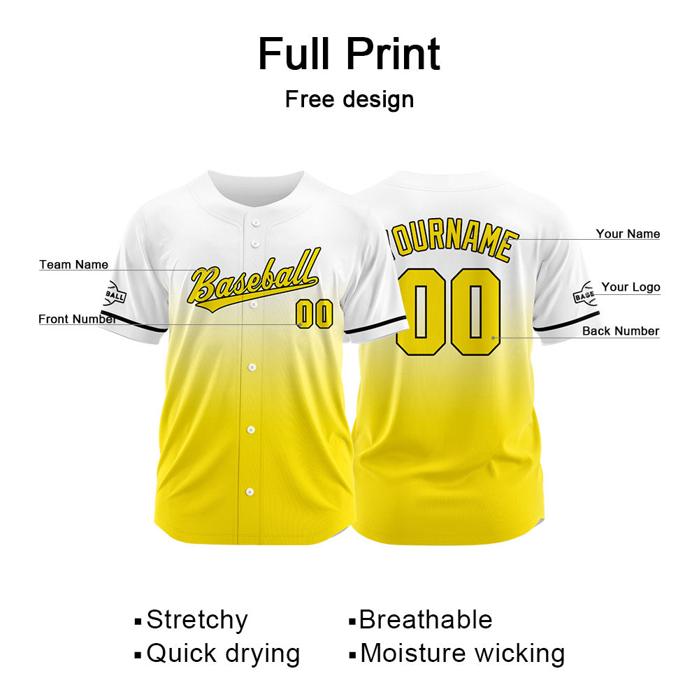 Custom Gradient Print Hip Hop Button Down Baseball Jersey Yellow&White