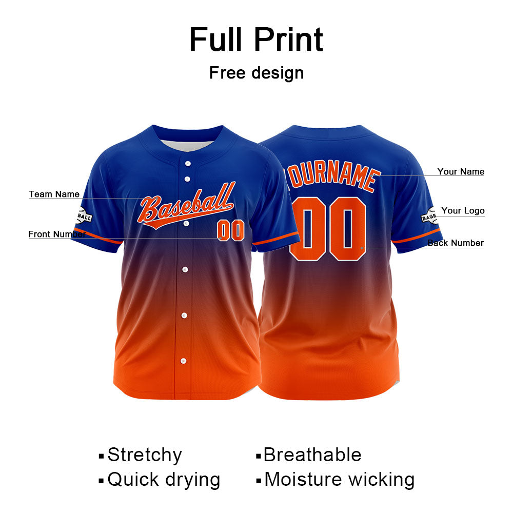 Custom Gradient Print Hip Hop Button Down Baseball Jersey Royal-Orange