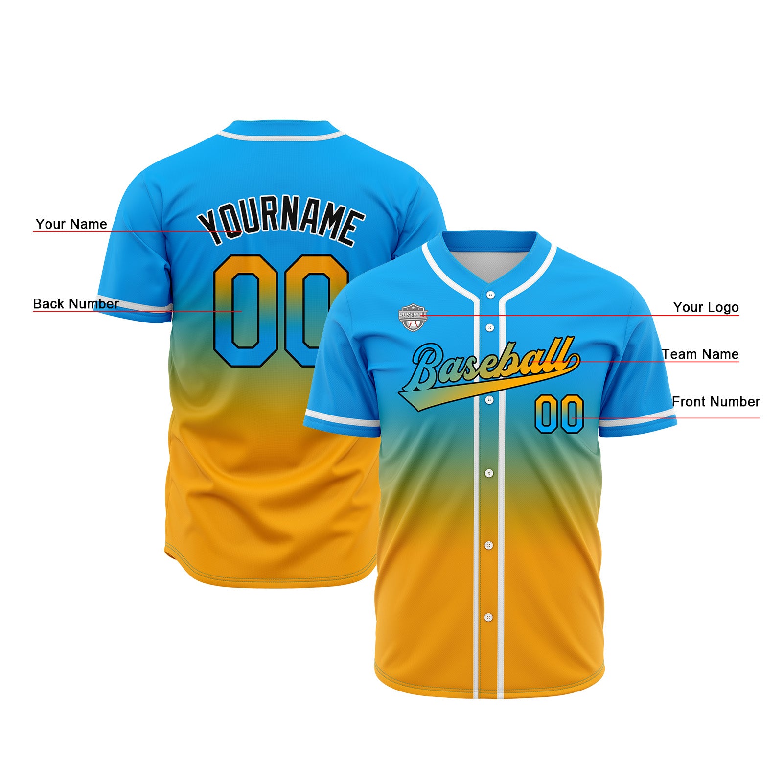 Custom Gradient Print Hip Hop Button Down Baseball Jersey Light Blue&Orange