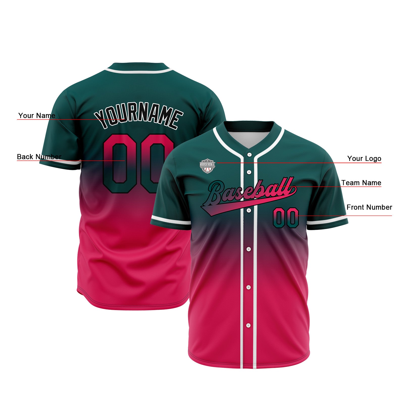 Custom Gradient Print Hip Hop Button Down Baseball Jersey Dark Green&Pink