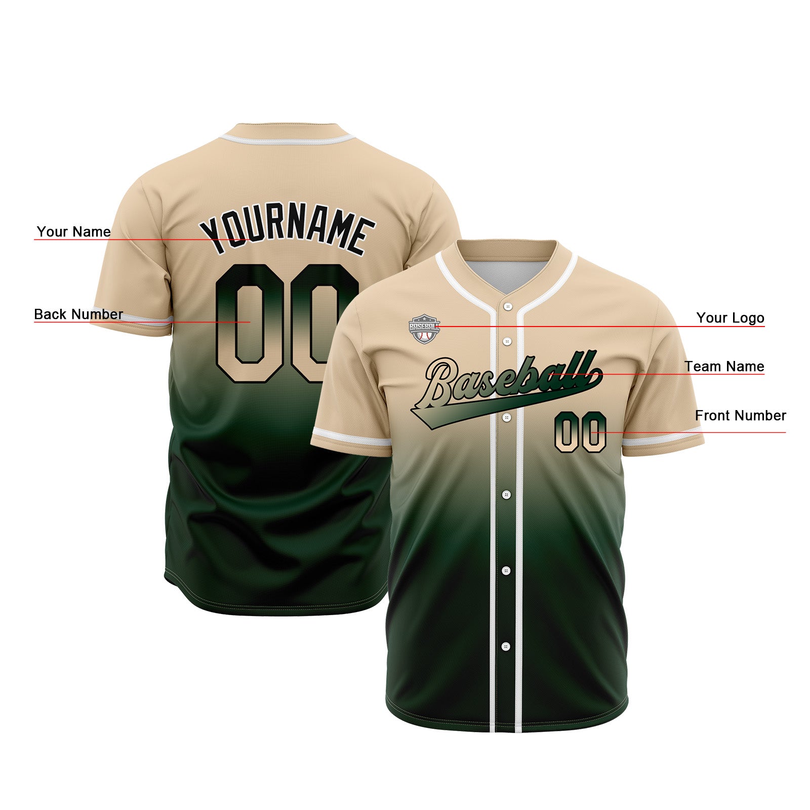 Custom Gradient Print Hip Hop Button Down Baseball Jersey Khaki&Dark Green