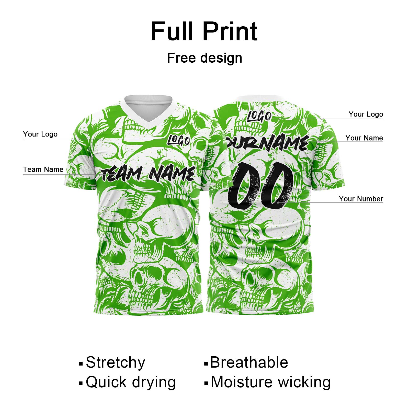 Custom Retro Skull-Green&White T-Shirts for Sports Fans, Personalized Name and Number