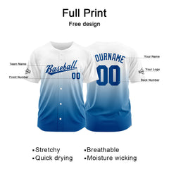 Custom Gradient Print Hip Hop Button Down Baseball Jersey White-Blue