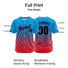 Custom Gradient Print Hip Hop Button Down Baseball Jersey Blue-Red