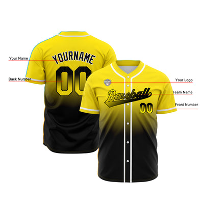 Custom Gradient Print Hip Hop Button Down Baseball Jersey Yellow&Black