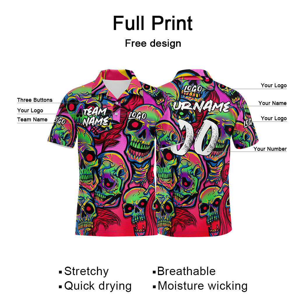 Custom Fantasy Skeleton-Pink&Green Football Polo Shirts Add Your Unique Logo/Name/Number