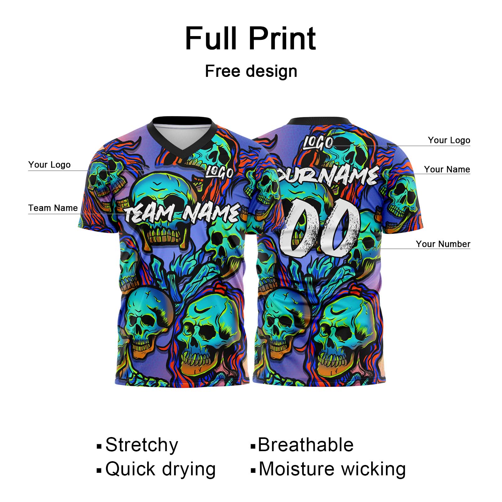 Custom Fantasy Skeleton-Purple&Neon Green T-Shirts for Sports Fans, Personalized Name and Number