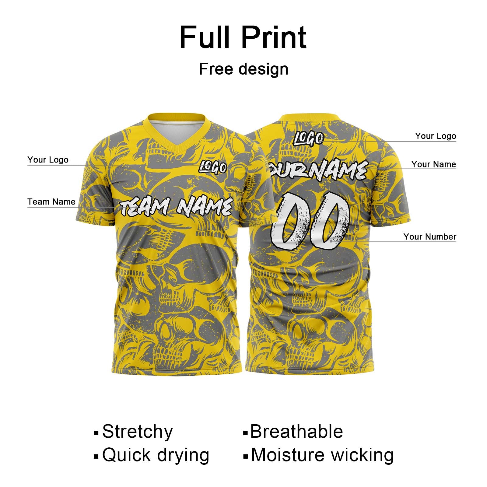 Custom Retro Skull-Yellow&Grey T-Shirts for Sports Fans, Personalized Name and Number