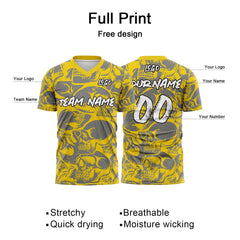 Custom Retro Skull-Yellow&Grey T-Shirts for Sports Fans, Personalized Name and Number