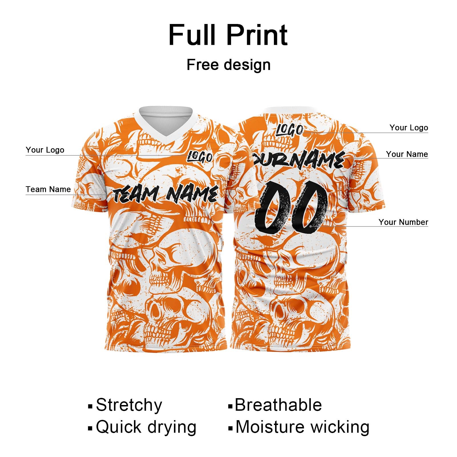 Custom Retro Skull-Orange&White T-Shirts for Sports Fans, Personalized Name and Number