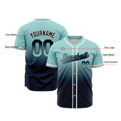 Custom Gradient Print Hip Hop Button Down Baseball Jersey Light Teal&Navy