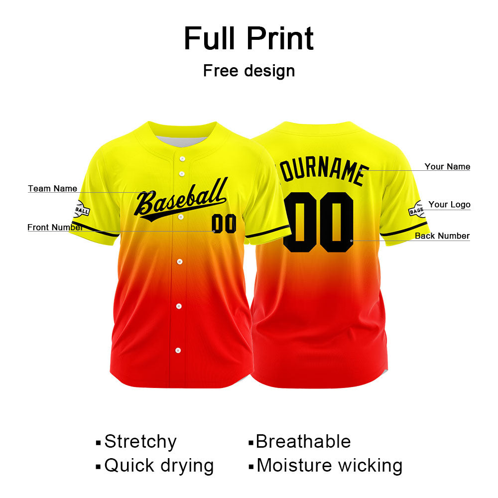 Custom Gradient Print Hip Hop Button Down Baseball Jersey Yellow&Red