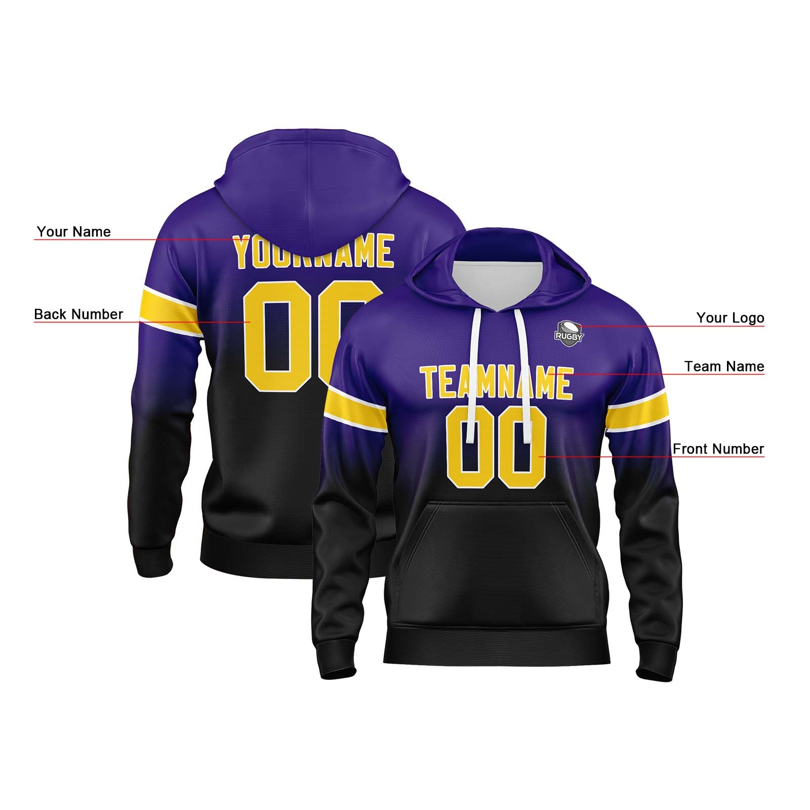 Custom Gradient Hoodie For Man Woman Girl Boy Print Your Logo Name Number Purple Black