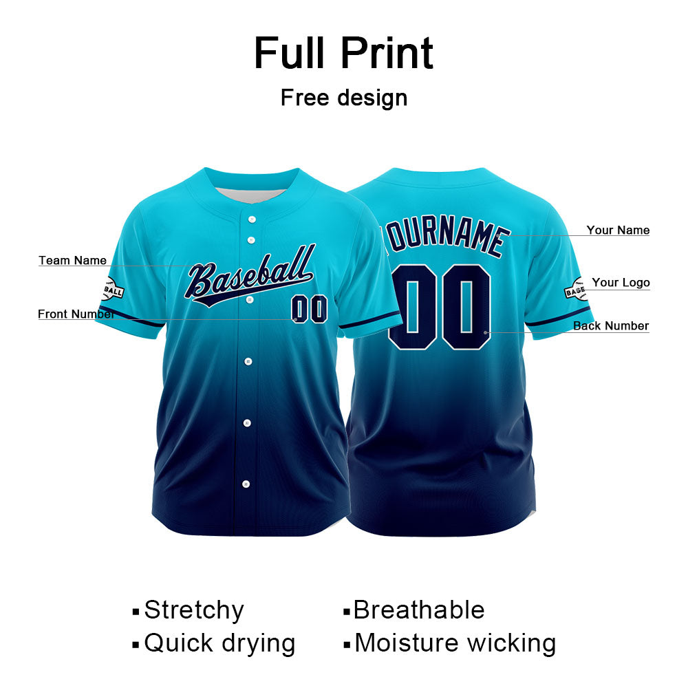 Custom Gradient Print Hip Hop Button Down Baseball Jersey Light Blue&Navy