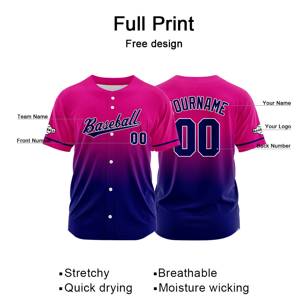 Custom Gradient Print Hip Hop Button Down Baseball Jersey Fuchsia&Navy